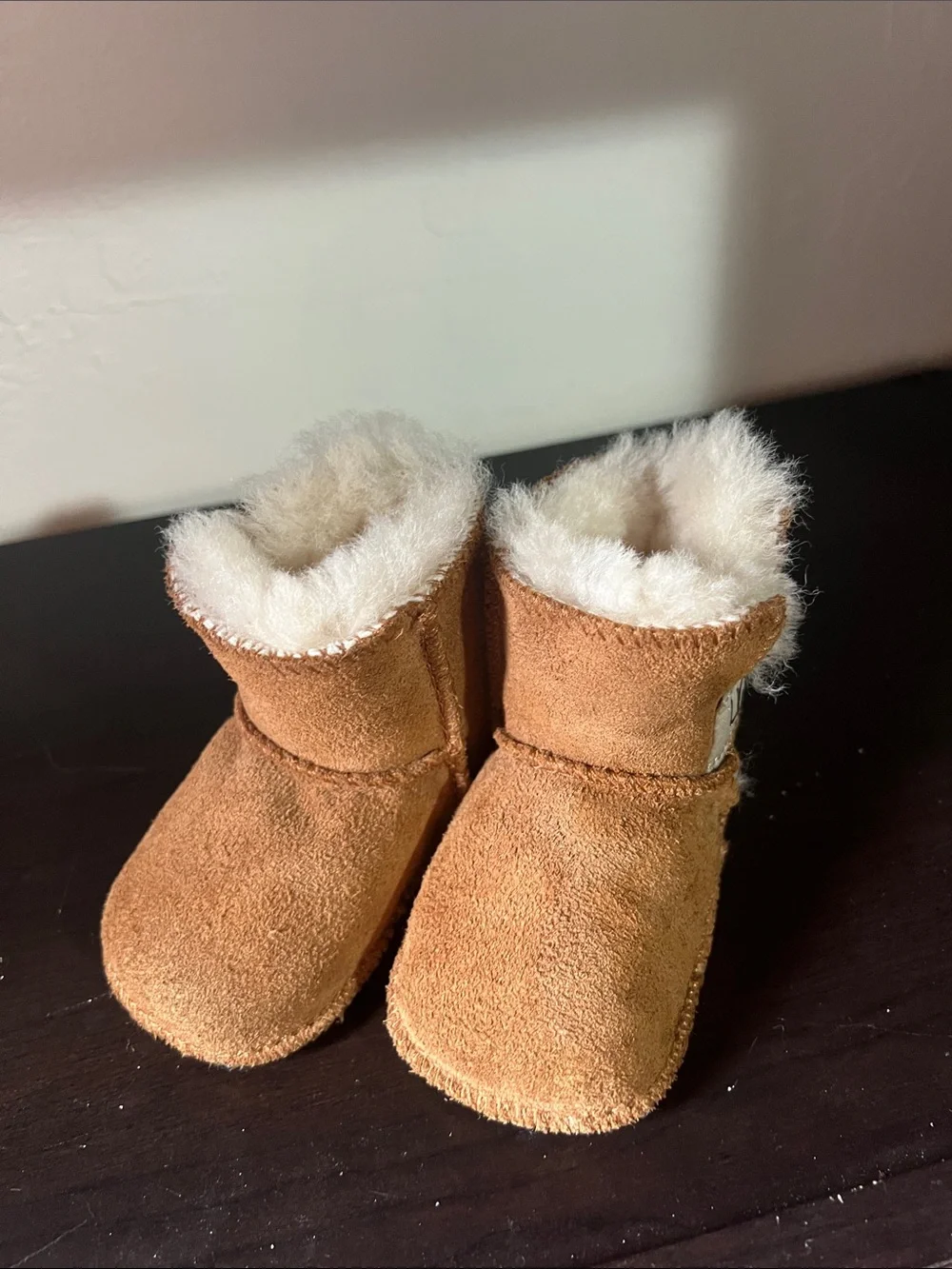 UGG Chestnut Suede Baby Booties with Shearling Trim - Picture 6 of 8